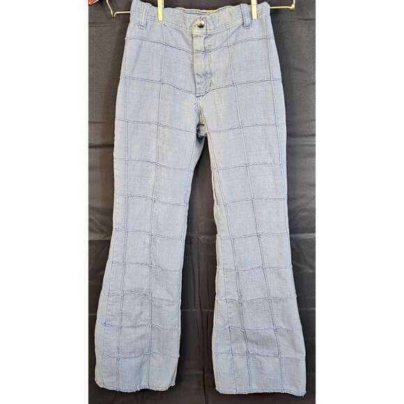 Vtg 70s Gotcha Covered Window Pane Patchwork Light Wash Denim Bell Flared Pants - Picture 1 of 10